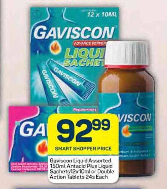 Gaviscon Liquid Assorted 150ml, Antacid Plus Liquid Sachets 12x10ml or