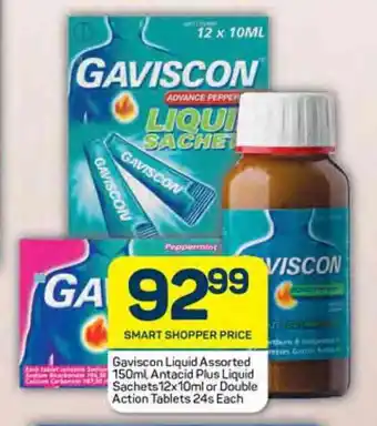 Pick n Pay Gaviscon Liquid Assorted 150ml, Antacid Plus Liquid Sachets 12x10ml or Double Action Tablets 24s Each offer