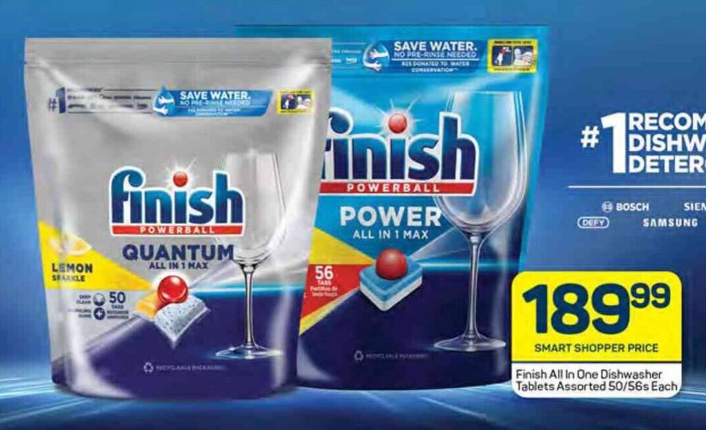 Finish All In One Dishwasher Tablets Assorted 50/56s Each offer at Pick n Pay