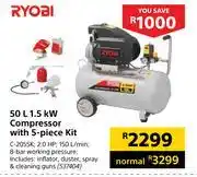 Builders Warehouse Ryobi 50l 1.5kw compressor with 5 piece kit offer