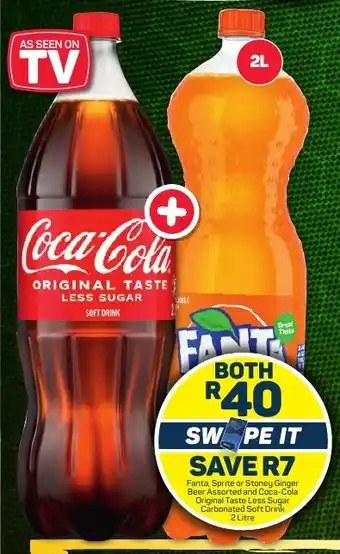 Pick n Pay Fanta, Sprite or Stoney Ginger Beer Assorted and Coca-Cola Original Taste Less Sugar Carbonated Soft Drink 2 Litre offer