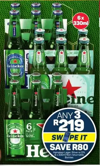 Pick n Pay Heineken Lager, Silver or 0% 6 x 330ml Non-returnable Bottles offer