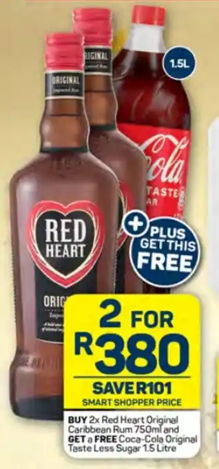 Pick n Pay Red Heart Original Caribbean Rum 750ml, Coca-Cola Original Taste Less Sugar 1.5 Litre offer