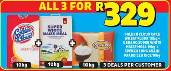 Usave GOLDEN CLOUD CAKE WHEAT FLOUR 10kg + UBRAND SUPER WHITE MAIZE MEAL 10kg + SPEKKO LONG GRAIN PARBOILED RICE 10kg offer
