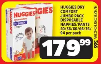 Usave HUGGIES DRY COMFORT DISPOSABLE NAPPIES/PANTS 50/56/60/66/76/ 94 per pack offer