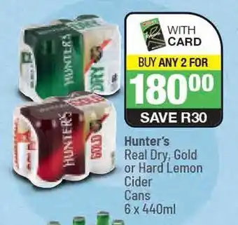 Hunter's Real Dry, Gold or Hard Lemon Cider Cans 6 x 440ml