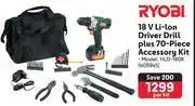 Ryobi 18 v li-ion driver drill plus 70-piece accessory kit 403945-per kit