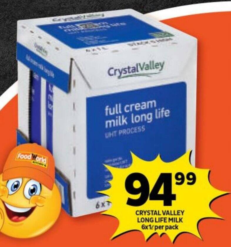 CRYSTAL VALLEY LONG LIFE MILK 6x1L per pack offer at Shoprite