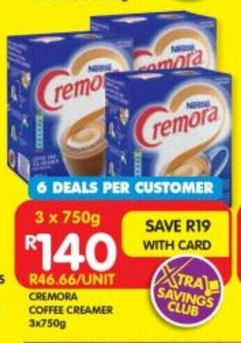 CREMORA COFFEE CREAMER 3x750g offer at Shoprite