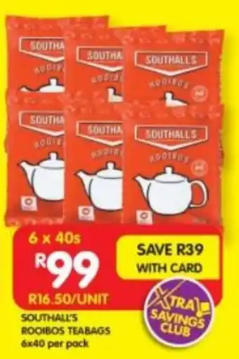 Shoprite SOUTHALL'S ROOIBOS TEABAGS 6x40 per pack offer