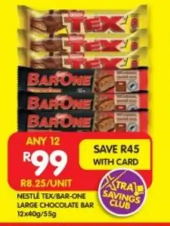 Shoprite NESTLE TEX/BAR-ONE LARGE CHOCOLATE BAR 12x40g/55g offer