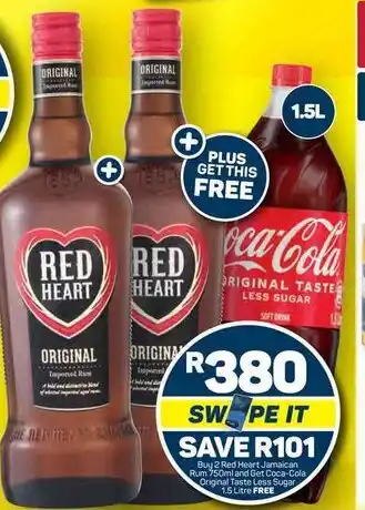 Pick n Pay Buy 2 Red Heart Jamaican Rum 750ml and Get Coca-Cola Original Taste Less Sugar 5 Litre FREE offer