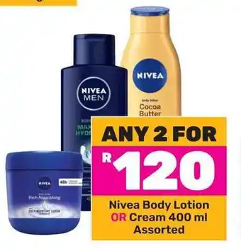 Game Nivea Body Lotion OR Cream 400ml Assorted offer
