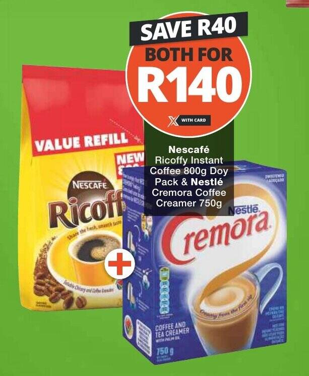 Nescafé Ricoffy Instant Coffee 800g Doy Pack & Nestlé Cremora Coffee Creamer 750g offer at Checkers