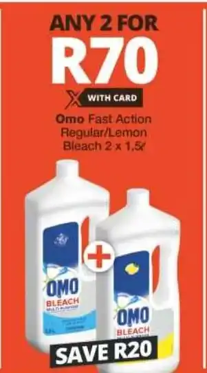 Checkers Omo Fast Action Regular/Lemon Bleach 2 x 1,5L offer