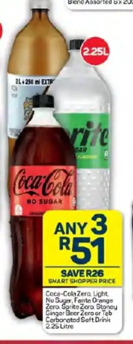 Pick n Pay Coca-Cola Zero Light No Sugar, Fanta Orange Zero, Sprite Zero Stoney Ginger Beer Zero or Tab Carbonated Soft Drink 2.25L offer