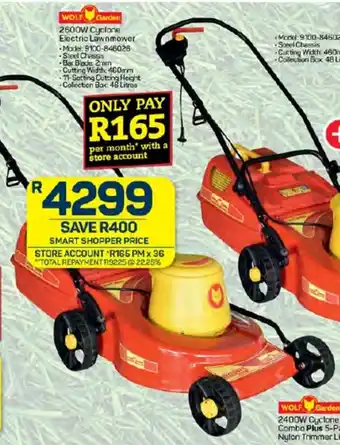 WOLF Garden 2600W Cyclone Electric Lawnmower offer at Pick n Pay