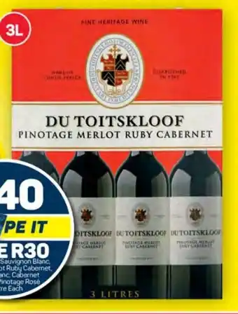 Pick n Pay Du Toitskloof Sauvignon Blanc, Pinotage Merlot Ruby Cabernet, Chenin Blanc, Cabernet Shiraz or Pinotage Rosé 3 Litre Each offer