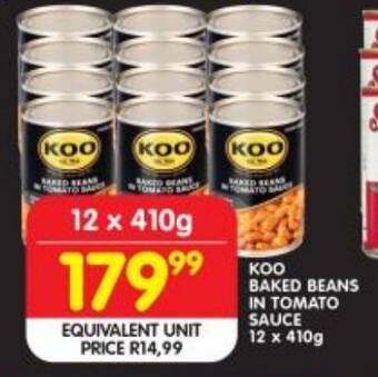 Shoprite KOO BAKED BEANS IN TOMATO SAUCE 12x410g offer