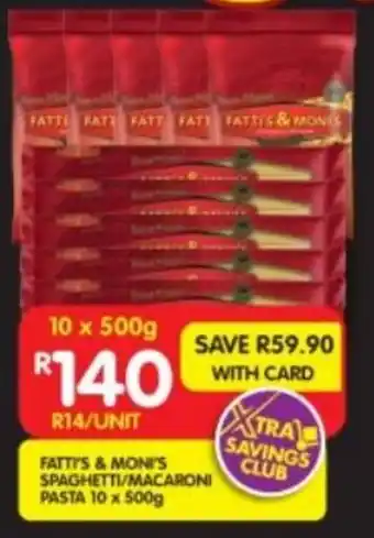 Shoprite FATTI'S & MONI'S SPAGHETTI/MACARONI PASTA 10 x 500g offer