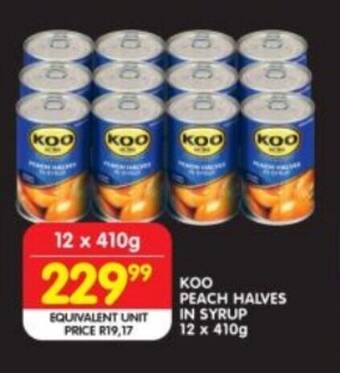 Shoprite KOO PEACH HALVES IN SYRUP 12 x 410g offer