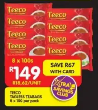 Shoprite TEECO TAGLESS TEABAGS 8 x 100 per pack offer
