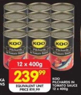 Shoprite KOO PILCHARDS IN TOMATO SAUCE 12 x 400g offer