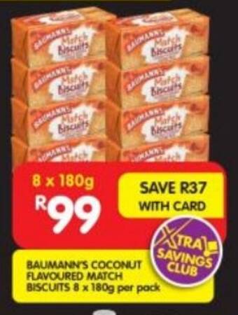 Shoprite BAUMANN'S COCONUT FLAVOURED MATCH BISCUITS 8 x 180g per pack offer