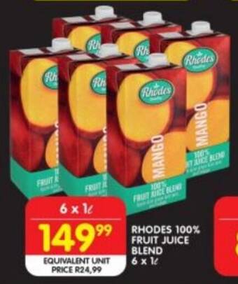 Shoprite RHODES 100% FRUIT JUICE BLEND EQUIVALENT UNIT 6 x 1L offer