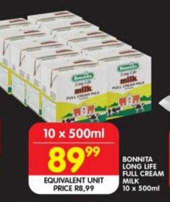 Shoprite BONNITA LONG LIFE FULL CREAM MILK 10 x 500ml offer