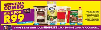 Shoprite TASTIC RICE + SUPER WHITE SUPER MAIZE MEAL + RITEBRAND MACARONI/SPAGHETTI + KNORROX SOYA MINCE + SUNFOIL PURE SUNFLOWER OIL offer