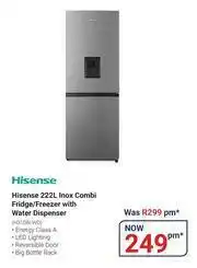 Teljoy Hisense 222L Inox Combi Fridge/Freezer With Water Dispenser H310BI-WD offer