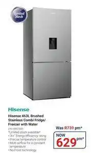 Teljoy Hisense 463L Brushed Stainless Combi Fridge/Freezer With Water Dispenser H610BS-WD offer