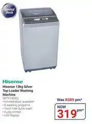 Teljoy Hisense 13Kg Silver Top Loader Washing Machine WTX1302S offer