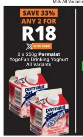 Checkers 2x250g Parmalet YogoFun Drinking Yoghurt All Variants offer
