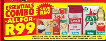 Shoprite Spekko Rice 2kg + Selati Brown Sugar2kg + Sasko Cake Wheat Flour 2.5kg + White Star Super Maize Meal 2.5kg + Ritebrand Oil offer