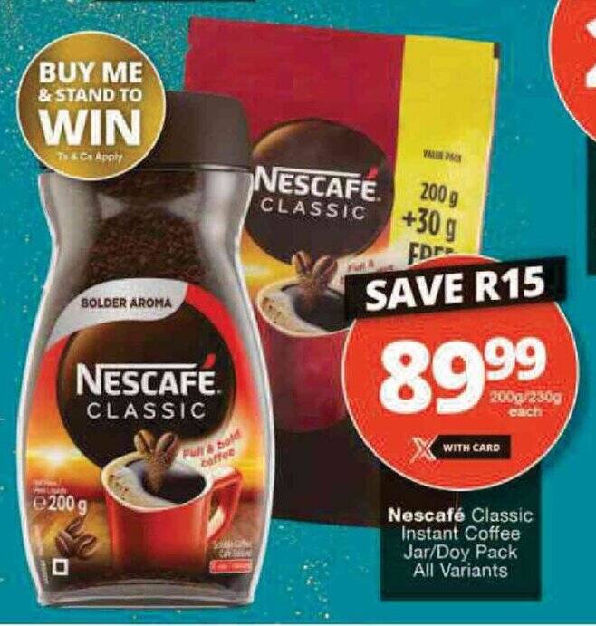 Nescafé Classic Instant Coffee Jar/Doy Pack All Variants offer at Checkers