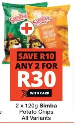 Checkers 2 x 120g Simba Potato Chips All Variants offer