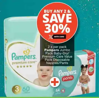 Checkers 2 x per pack Pampers Jumbo Pack Baby-Dry/ Premium Care Value Pack Disposable Nappies/Pants offer