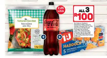 Pick n Pay I&J Hake or Haddock Medallions 450g, Natures Garden Hawaiian StirFry and Cola No Sugar, No Caffeine , Tab Fanta Orange, Stony offer
