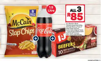 Pick n Pay I&J Beefers Beef 500g, McCain Skinny Fries or Slap Chips 1kg and Coca-Cola Original Taste 1.5 Litre NRB offer