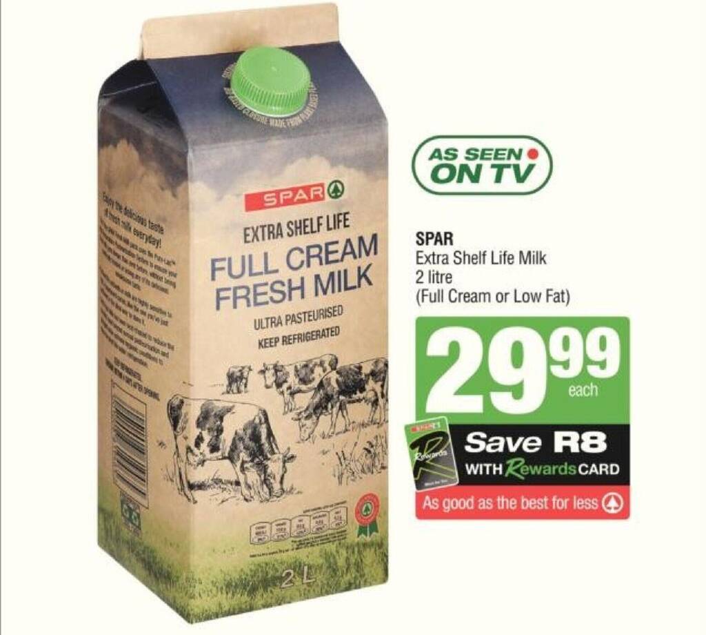 SPAR Extra Shelf Life Milk 2 litre (Full Cream or Low Fat) offer at Spar
