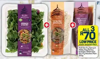 Pick n Pay PnP Stir Fry Spinach 400g Soy Honey & Ginger 100ml and Stir Fry Noodles Plain 250g offer