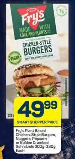 Pick n Pay Fry's Plant Based Chicken-Style Burgers, Nuggets, Popcorn or Golden Crumbed Schnitzels 300g-380g Each offer