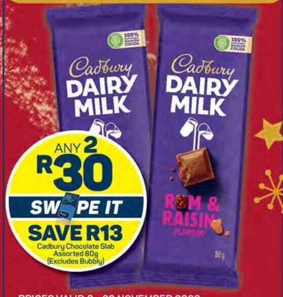 Cadbury Chocolate Slab Assorted 80g offer at Pick n Pay