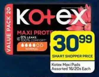 Pick n Pay Kotex Maxi Pads Assorted 16/20s Each offer