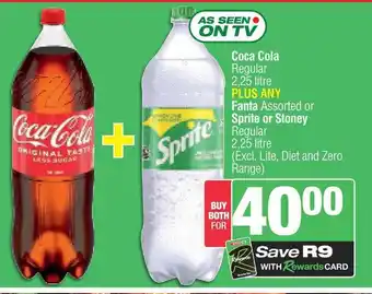 Spar Coca Cola Regular 2,25 litre PLUS ANY Fanta Assorted or Sprite or Stoney Regular 2,25 litre offer