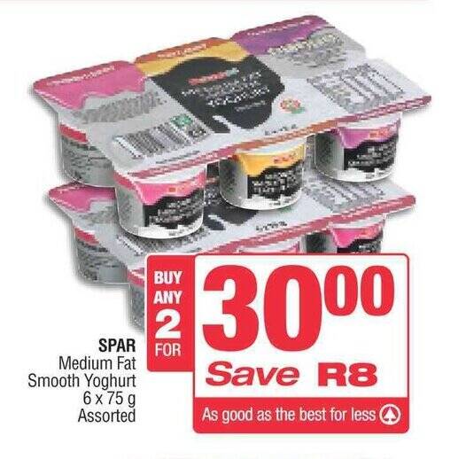 SPAR FOR Medium Fat Smooth Yoghurt 6x75g Assorted offer at Spar
