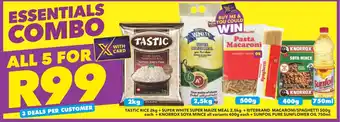 Shoprite TASTIC RICE + SUPER WHITE SUPER MAIZE MEAL + RITEBRAND MACARONI/SPAGHETTI + KNORROX SOYA MINCE + SUNFOIL PURE SUNFLOWER OIL offer