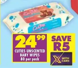 Shoprite CUTIES UNSCENTED BABY WIPES 80 per pack offer
